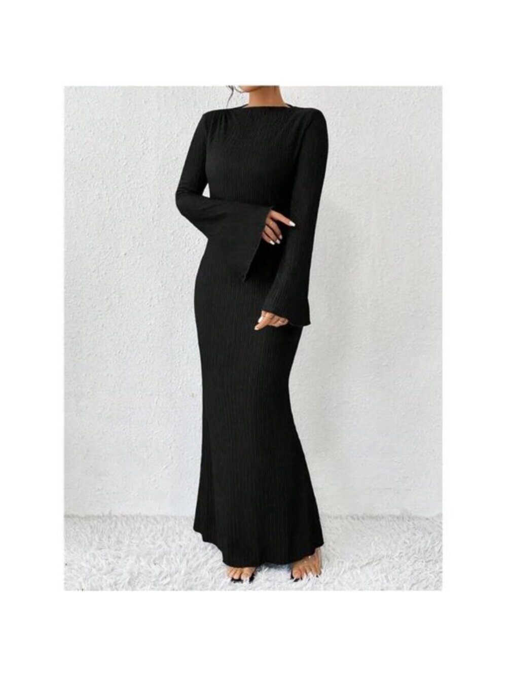 Women's Bell Long Sleeve Maxi Dress Crew Neck Bodycon Fishtail Long Dress - Picture 6 of 6
